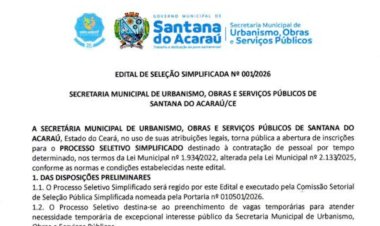 Secretaria de obras de Santana do Acaraú lança edital de seleção pública; confira o edital